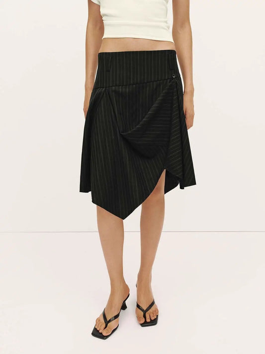 Pinstripe High Waist Draped Asymmetric Wrap Midi Skirt