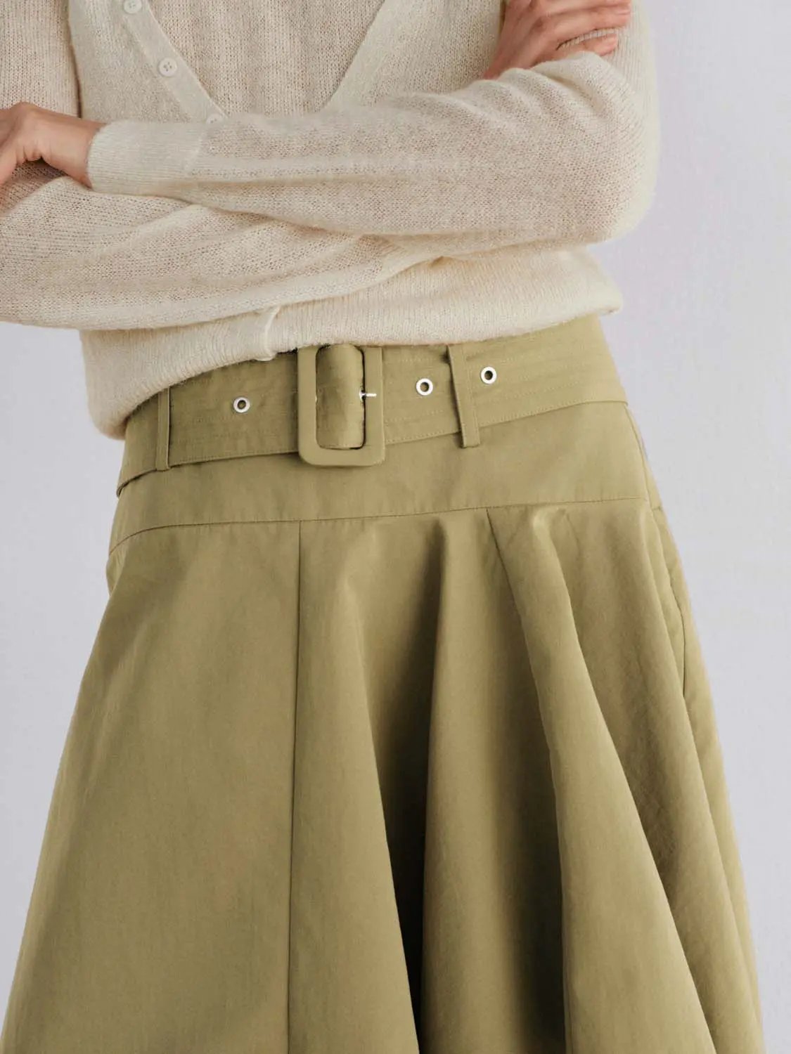 Belted Mid-rise Asymmetric A-Line Cotton Blend Skirt