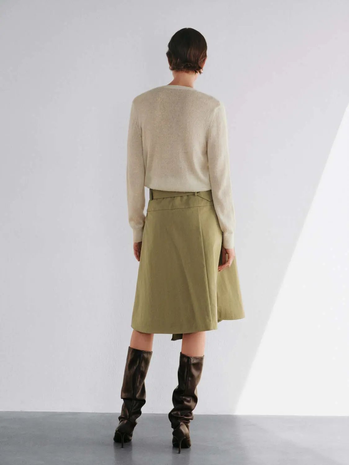 Belted Mid-rise Asymmetric A-Line Cotton Blend Skirt