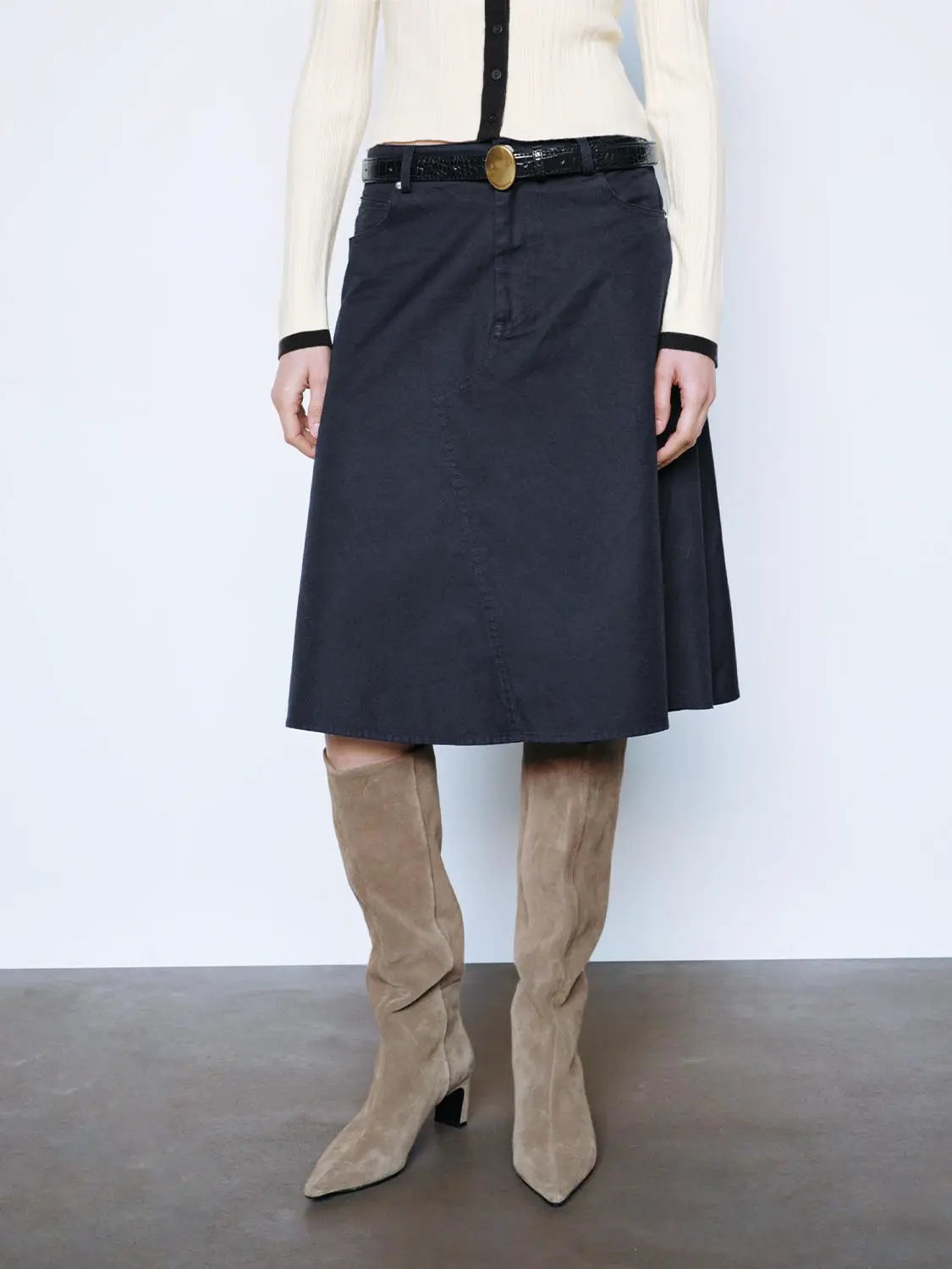 Asymmetric High-waisted A-Line Cotton Skirt With Belt