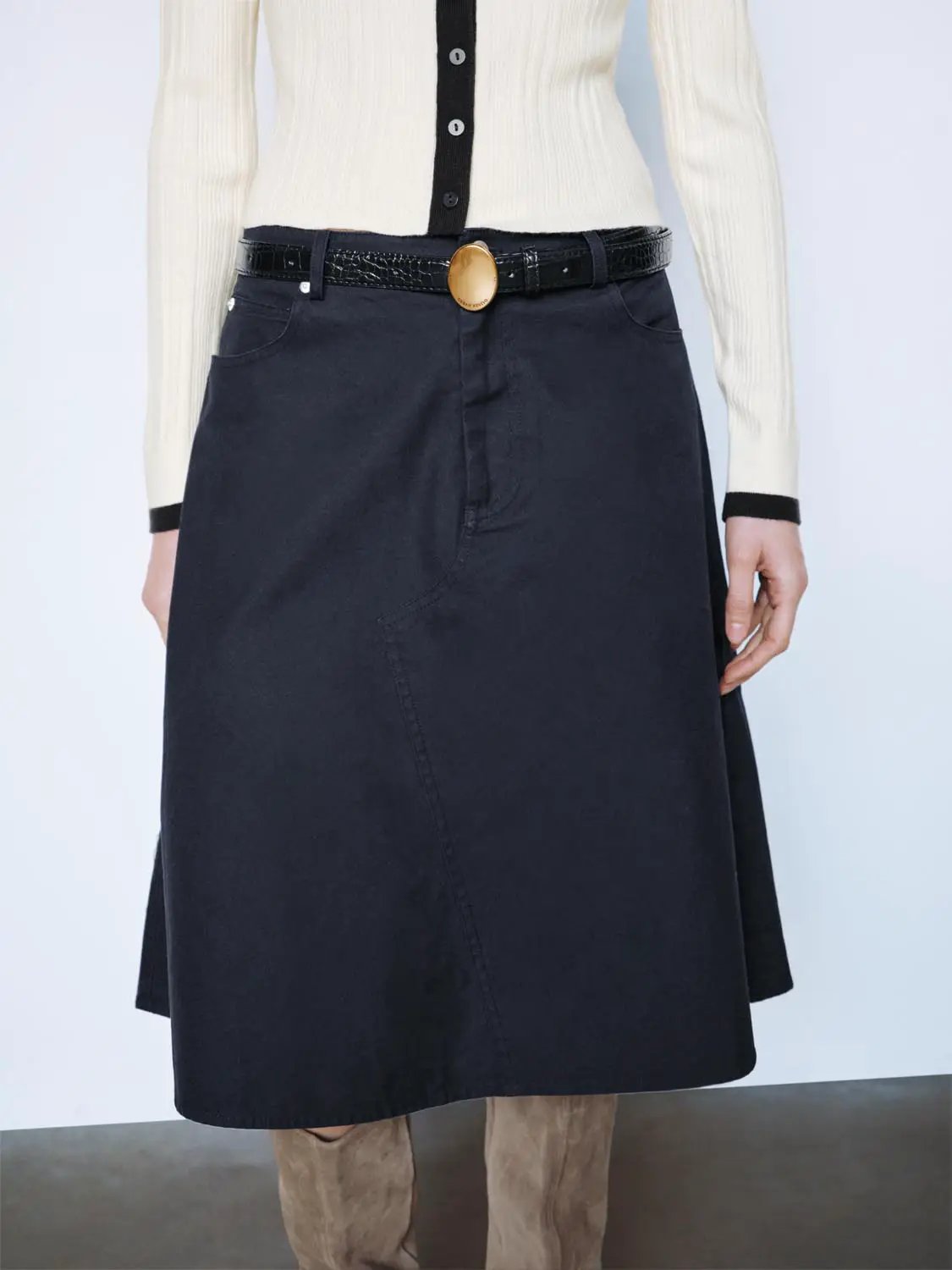 Asymmetric High-waisted A-Line Cotton Skirt With Belt