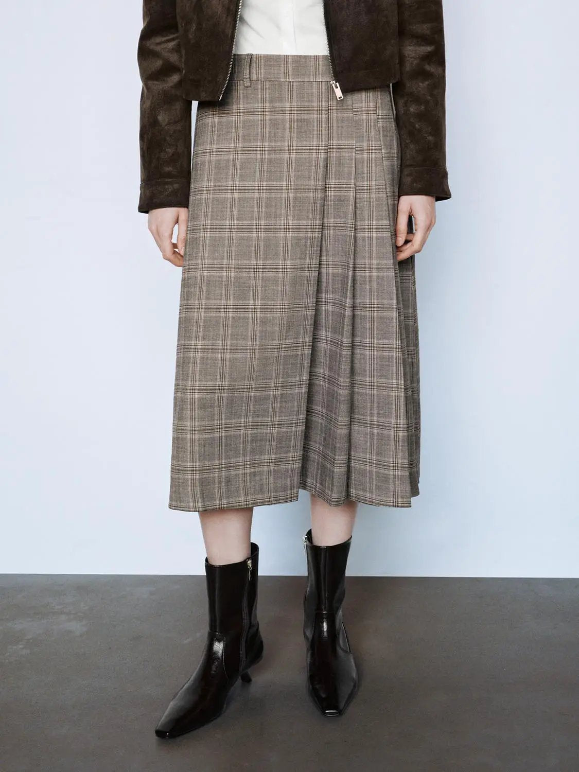 Pleated Checked A-line Mid-rise Midi Skirt