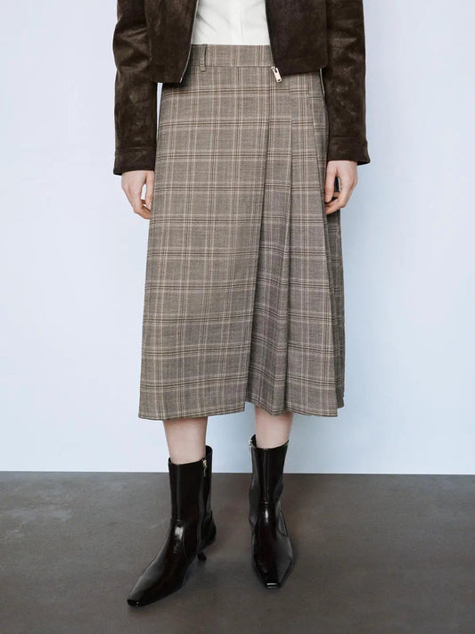 Pleated Checked A-line Mid-rise Midi Skirt