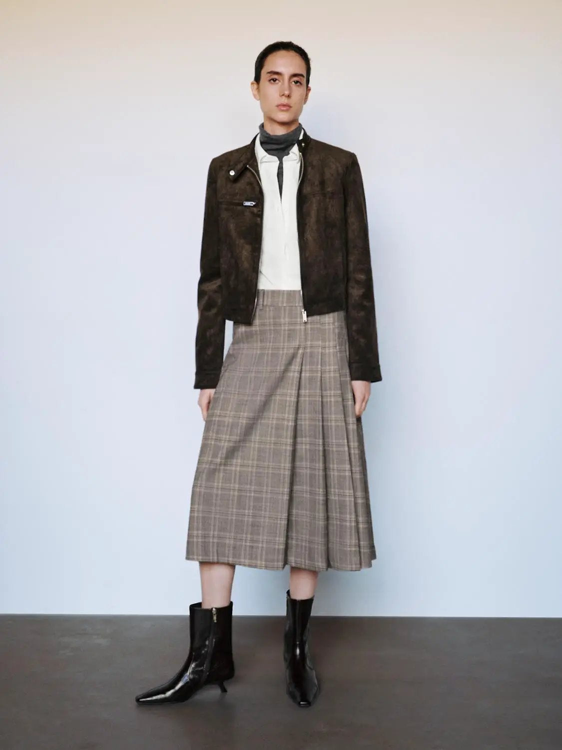 Pleated Checked A-line Mid-rise Midi Skirt