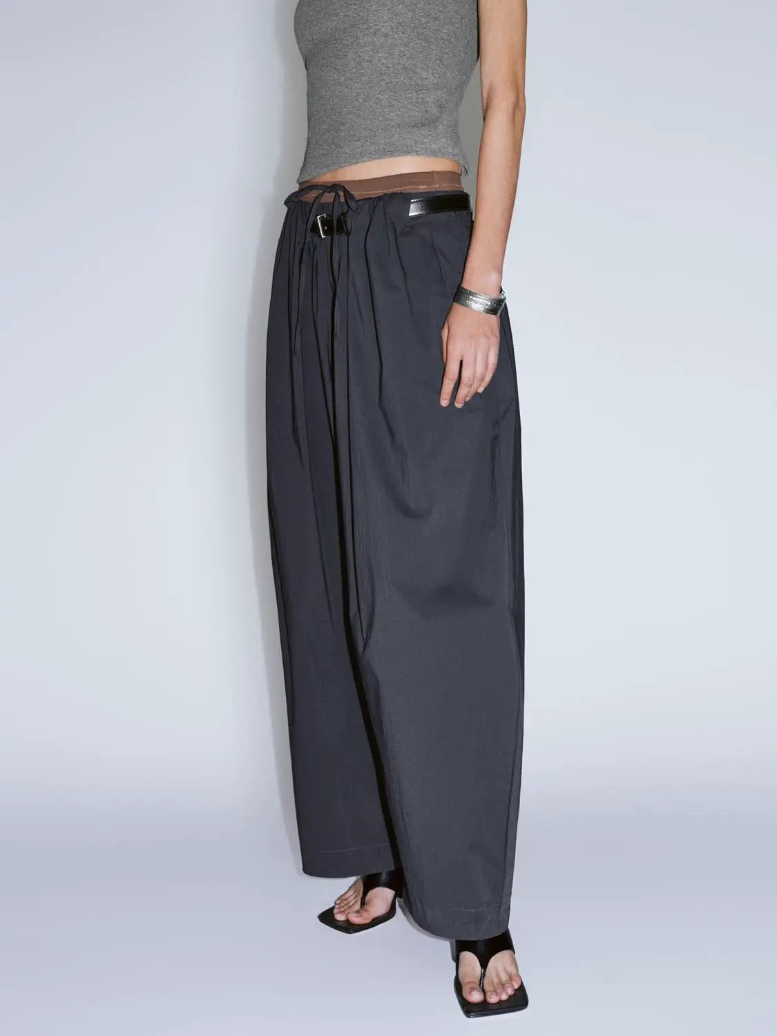 Drawstring Waist Buckle Belt Barrel Leg Cotton Pants