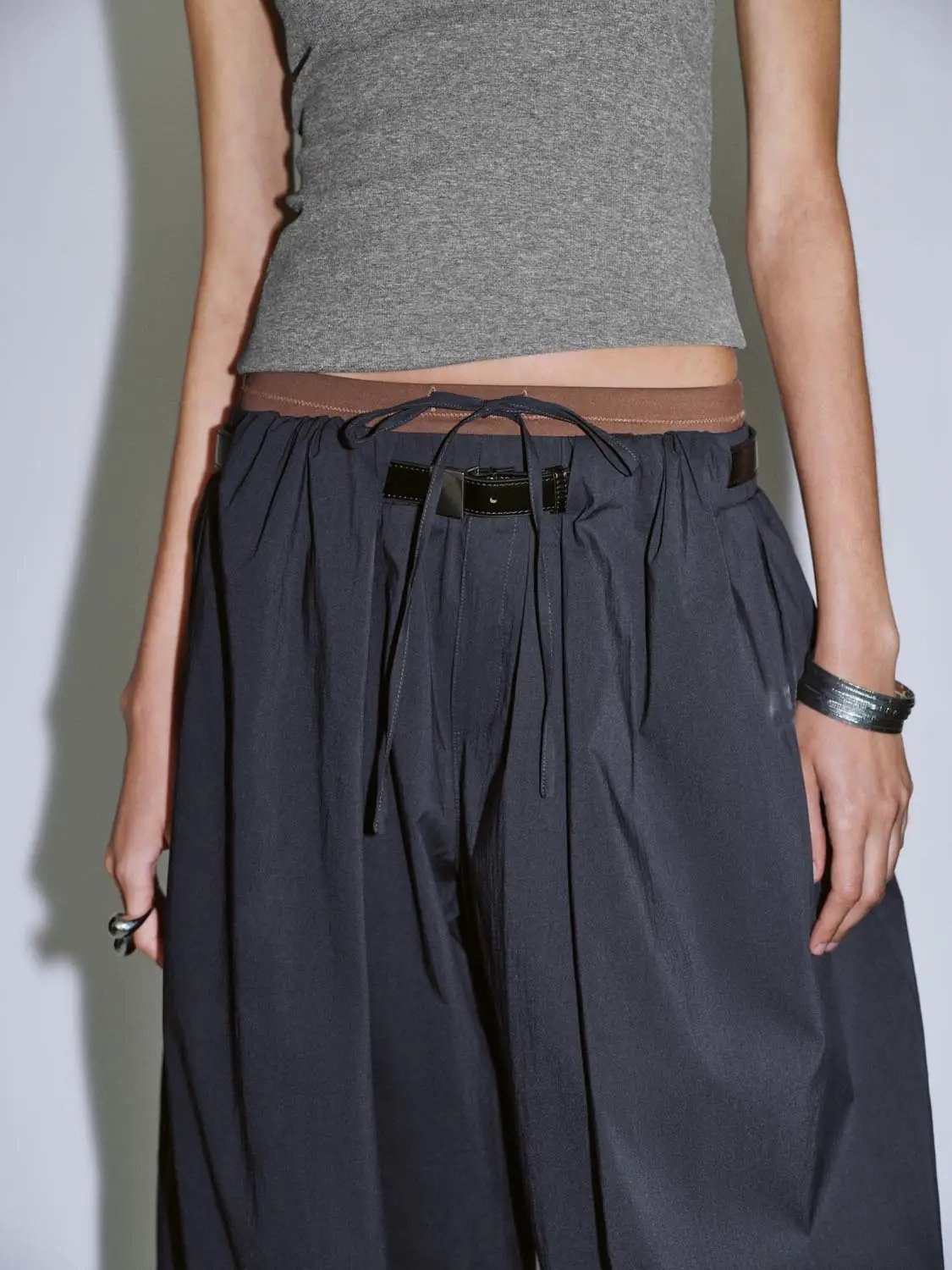 Drawstring Waist Buckle Belt Barrel Leg Cotton Pants