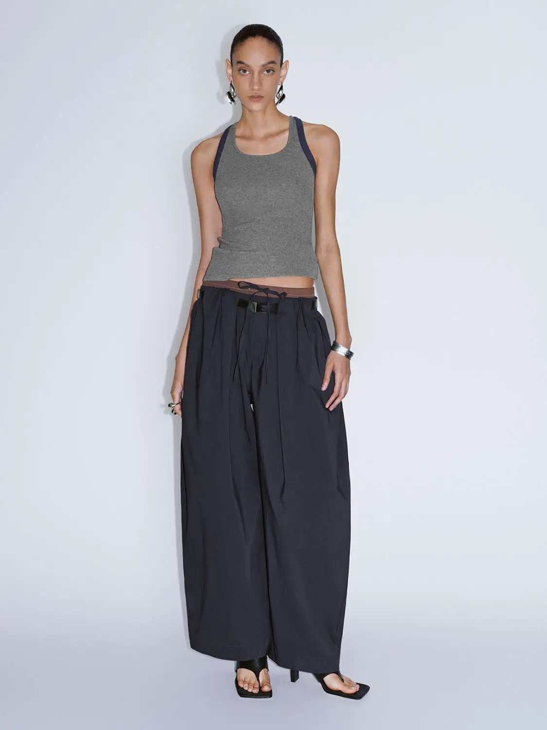Drawstring Waist Buckle Belt Barrel Leg Cotton Pants