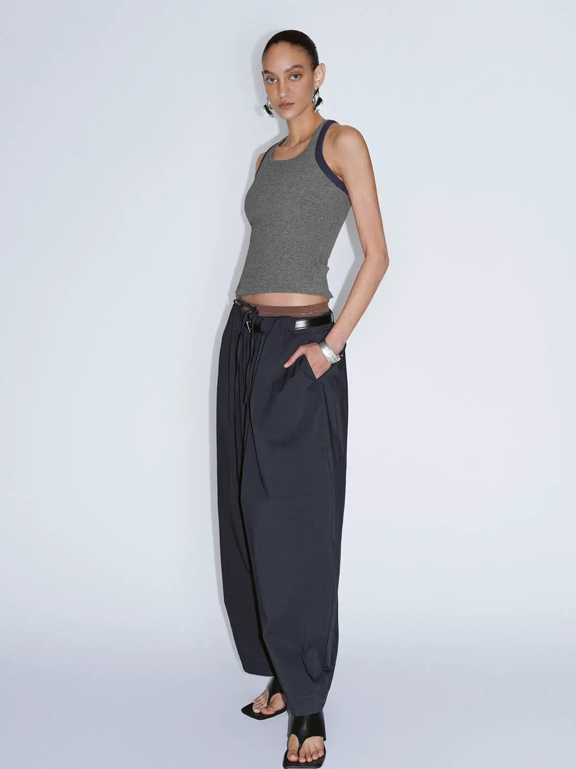 Drawstring Waist Buckle Belt Barrel Leg Cotton Pants