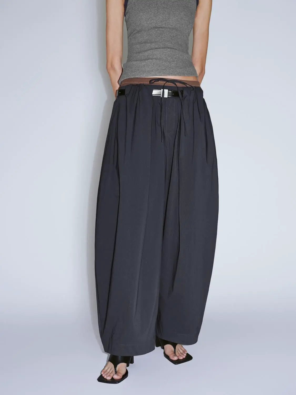 Drawstring Waist Buckle Belt Barrel Leg Cotton Pants