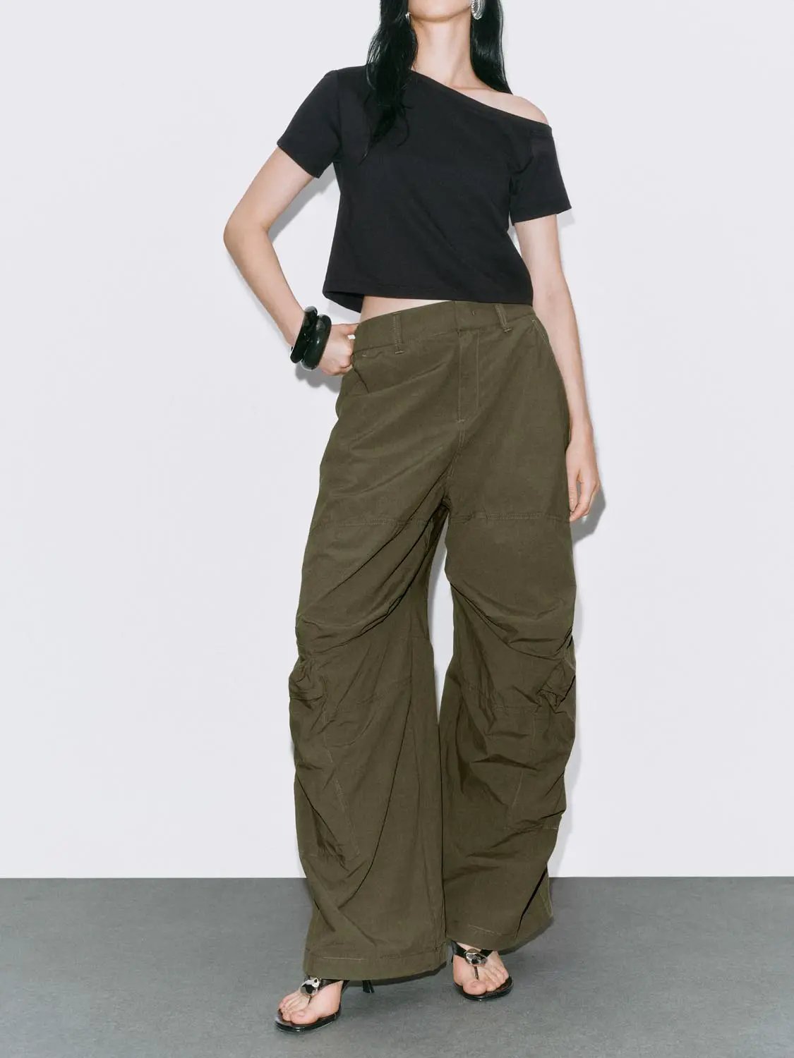 High Waist Knee Seam Gathered Wide Leg Cotton Pants
