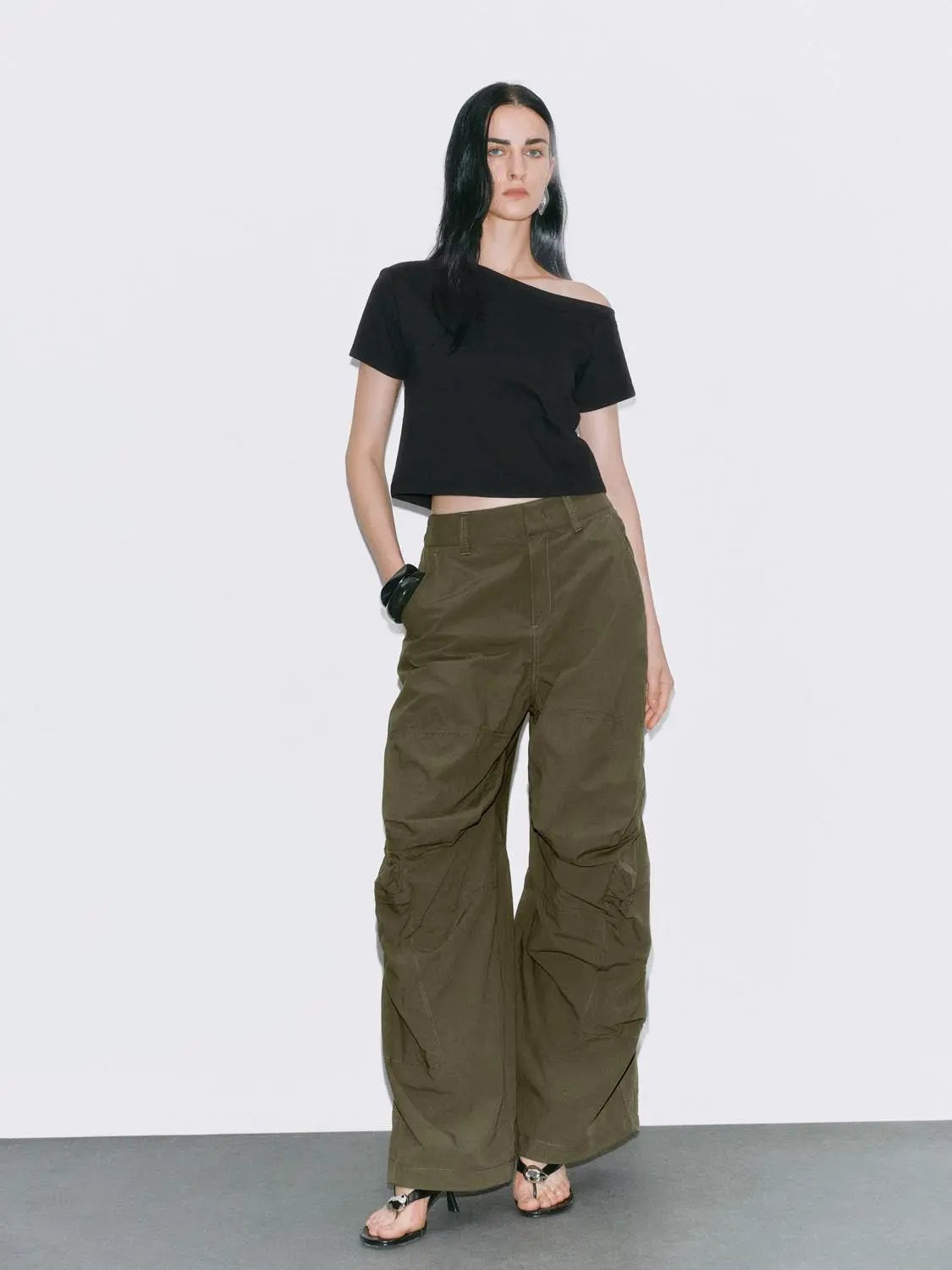 High Waist Knee Seam Gathered Wide Leg Cotton Pants