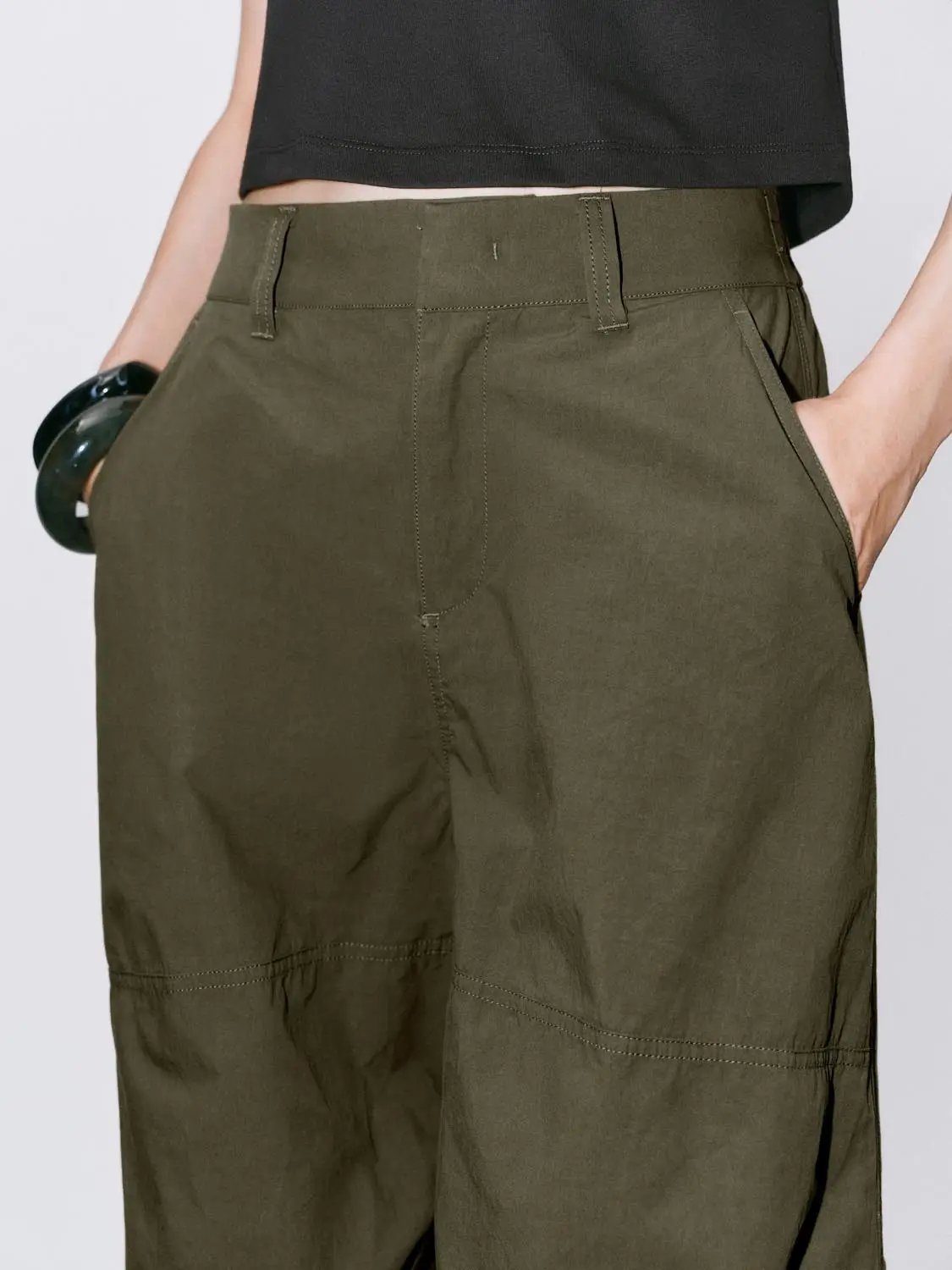 High Waist Knee Seam Gathered Wide Leg Cotton Pants