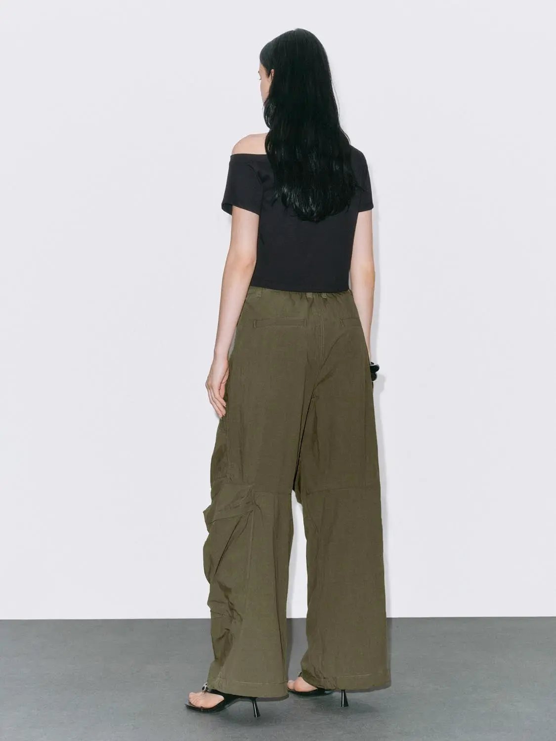 High Waist Knee Seam Gathered Wide Leg Cotton Pants