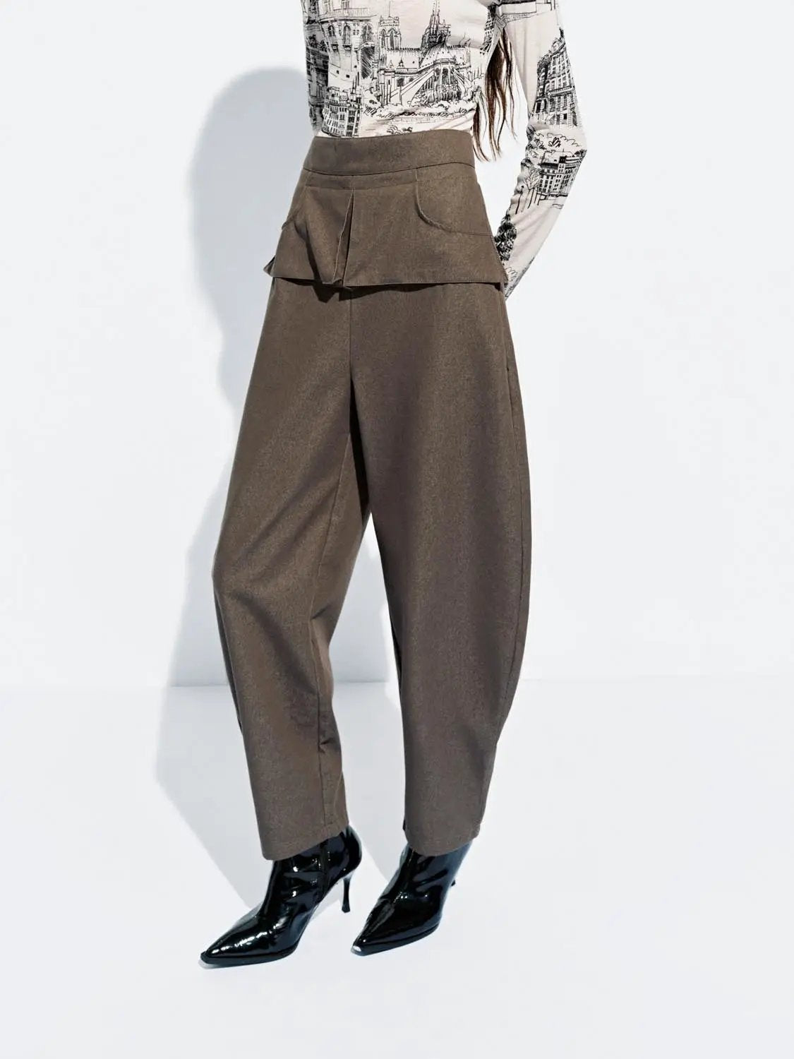 Layered Overlay Draped Waist Wide Leg Cotton Trousers