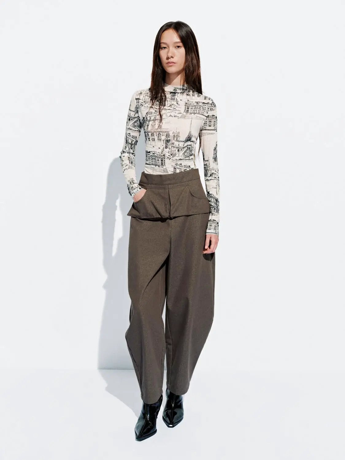Layered Overlay Draped Waist Wide Leg Cotton Trousers