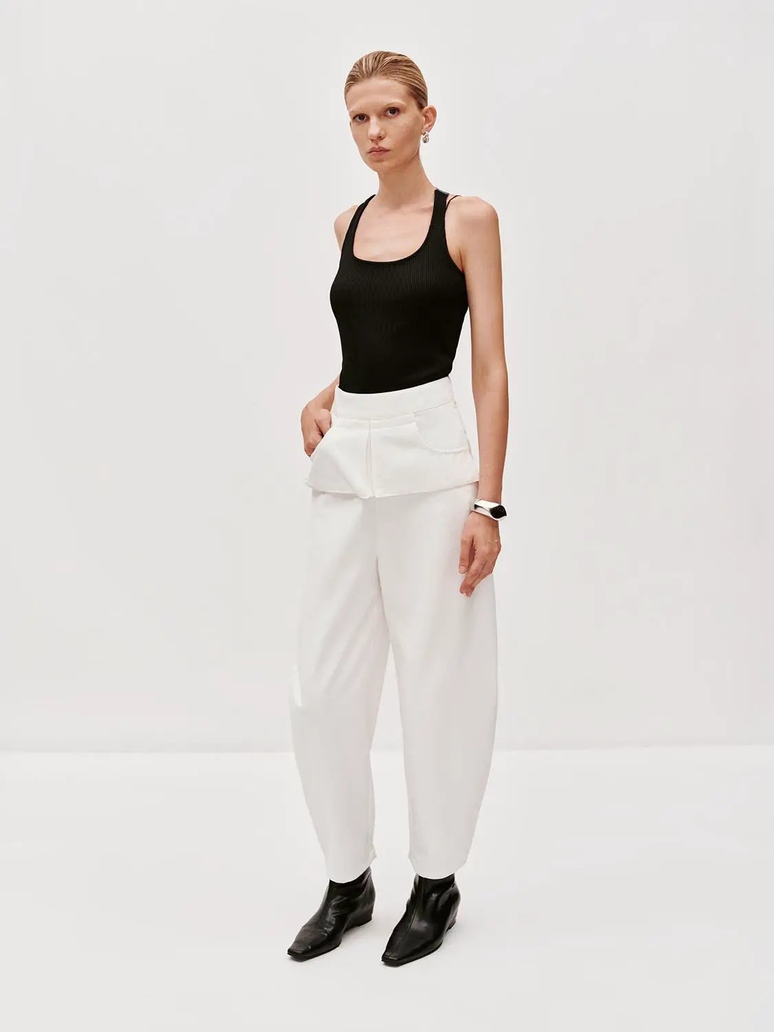 Layered Overlay Draped Waist Wide Leg Cotton Trousers