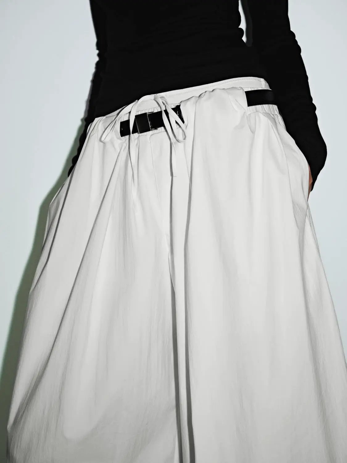 Elastic Waist Belted Pleated Baggy Wide Leg Cotton Pants