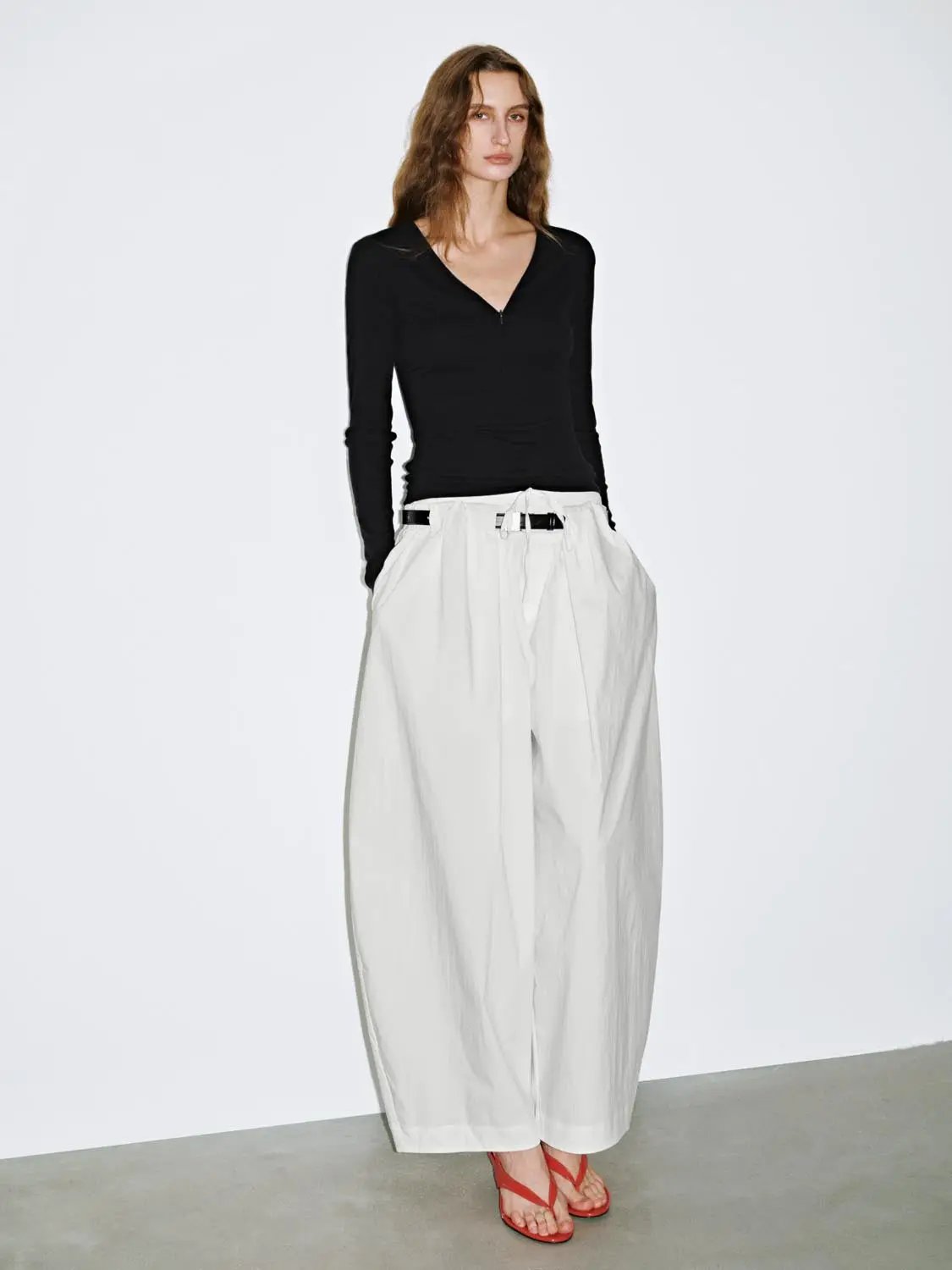 Elastic Waist Belted Pleated Baggy Wide Leg Cotton Pants