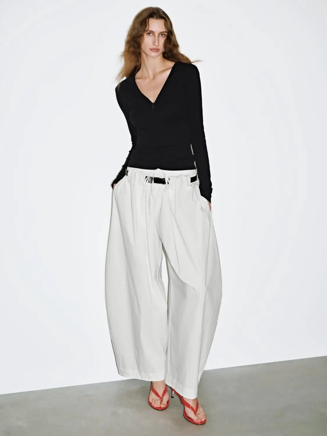 Elastic Waist Belted Pleated Baggy Wide Leg Cotton Pants