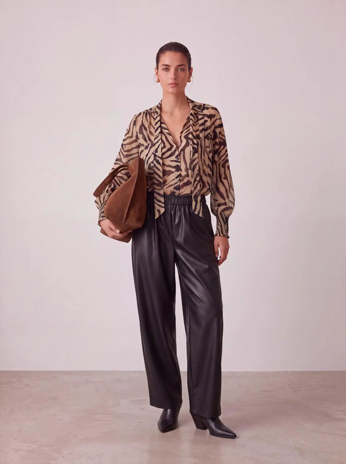 Elastic Waist Pocket Detail Coated Fabric Wide Leg Pants