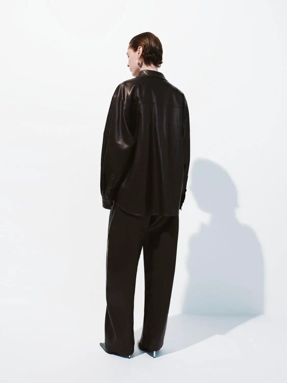 Elastic Waist Pocket Detail Coated Fabric Wide Leg Pants