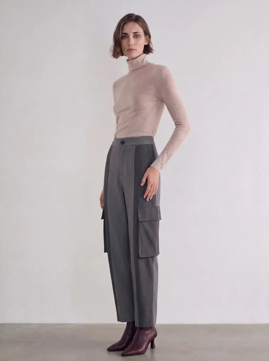Drawstring Waist Contrast Spliced Barrel Cargo Cotton Pants