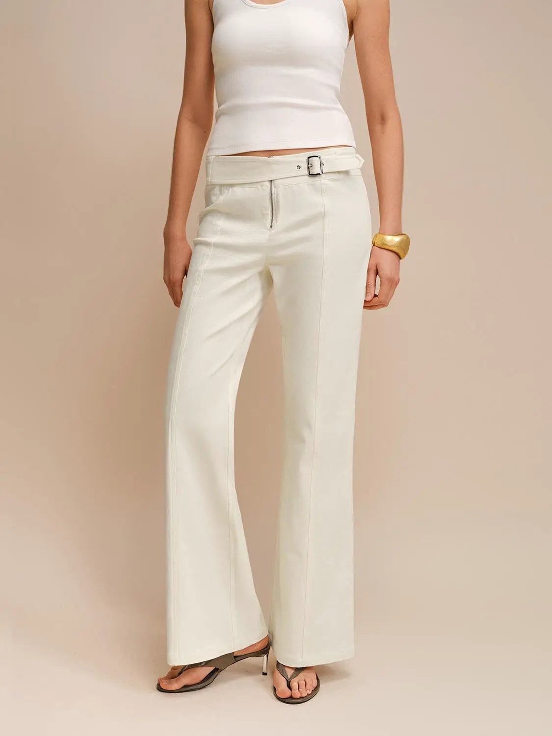 Buckle Waist Seam Detail Cotton Blend Flared Long Pants