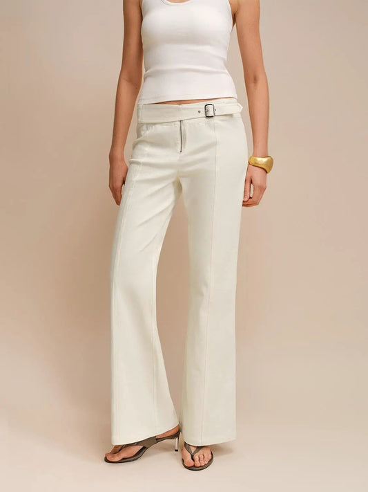 Buckle Waist Seam Detail Cotton Blend Flared Long Pants