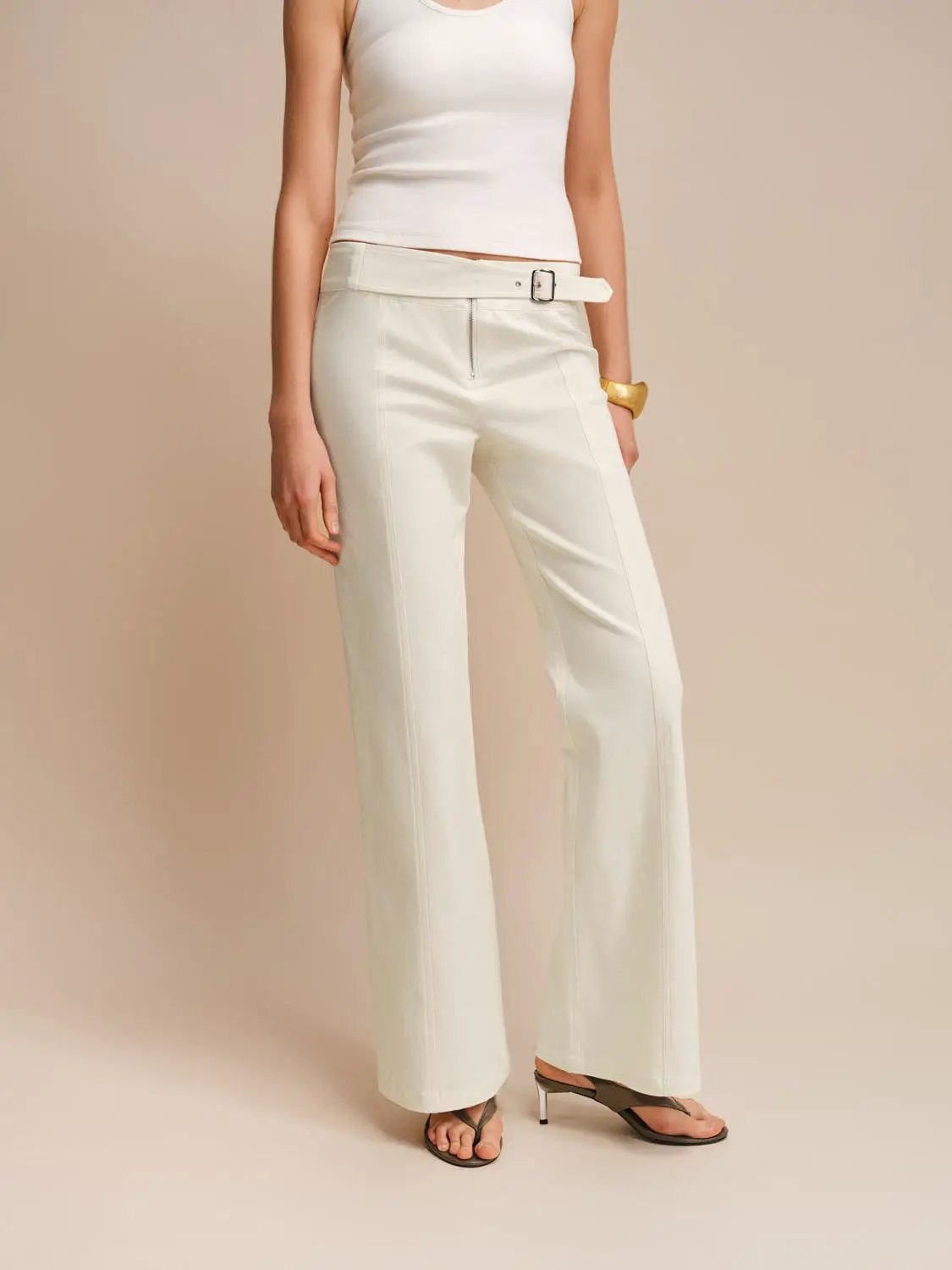 Buckle Waist Seam Detail Cotton Blend Flared Long Pants