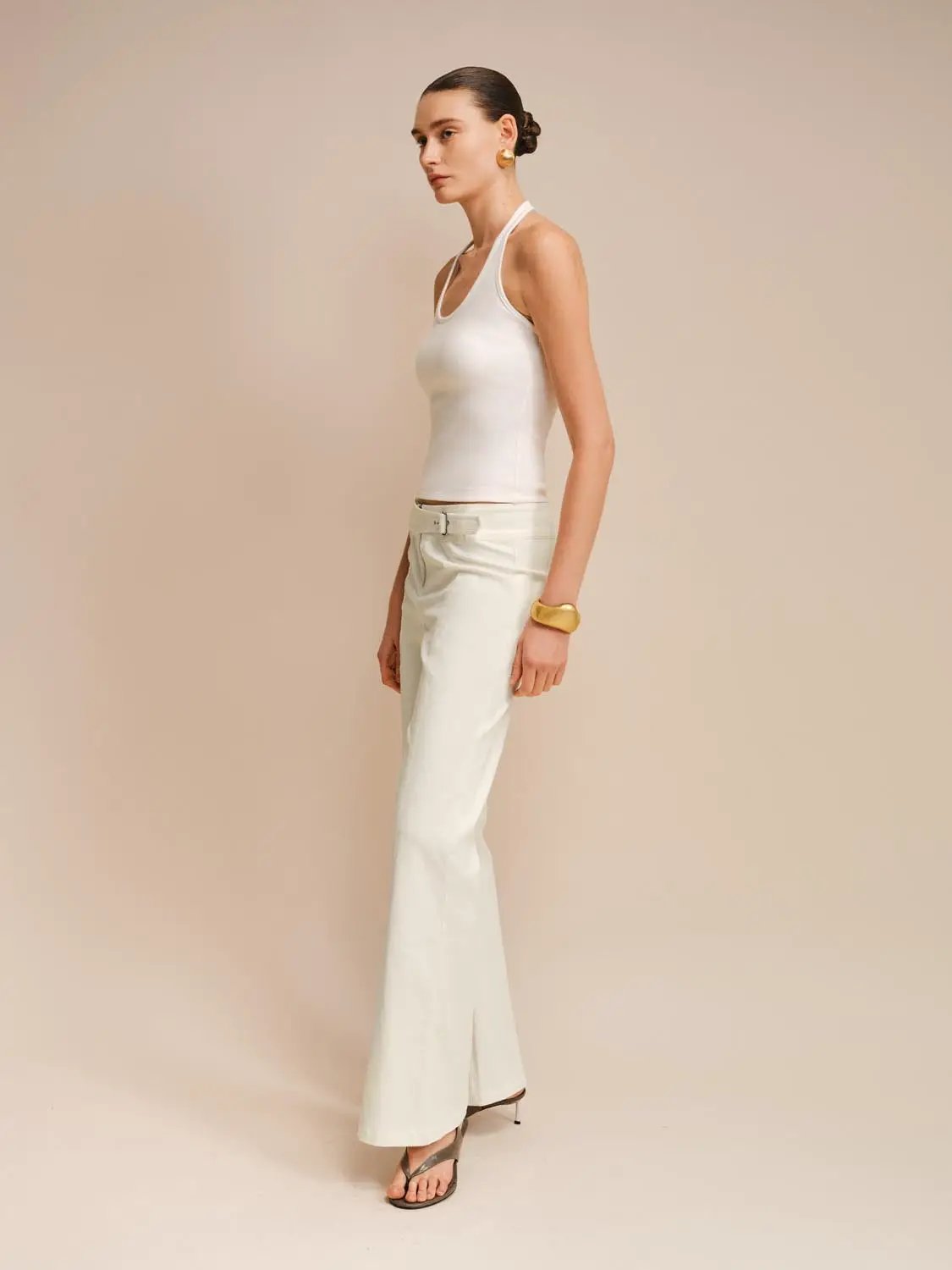 Buckle Waist Seam Detail Cotton Blend Flared Long Pants