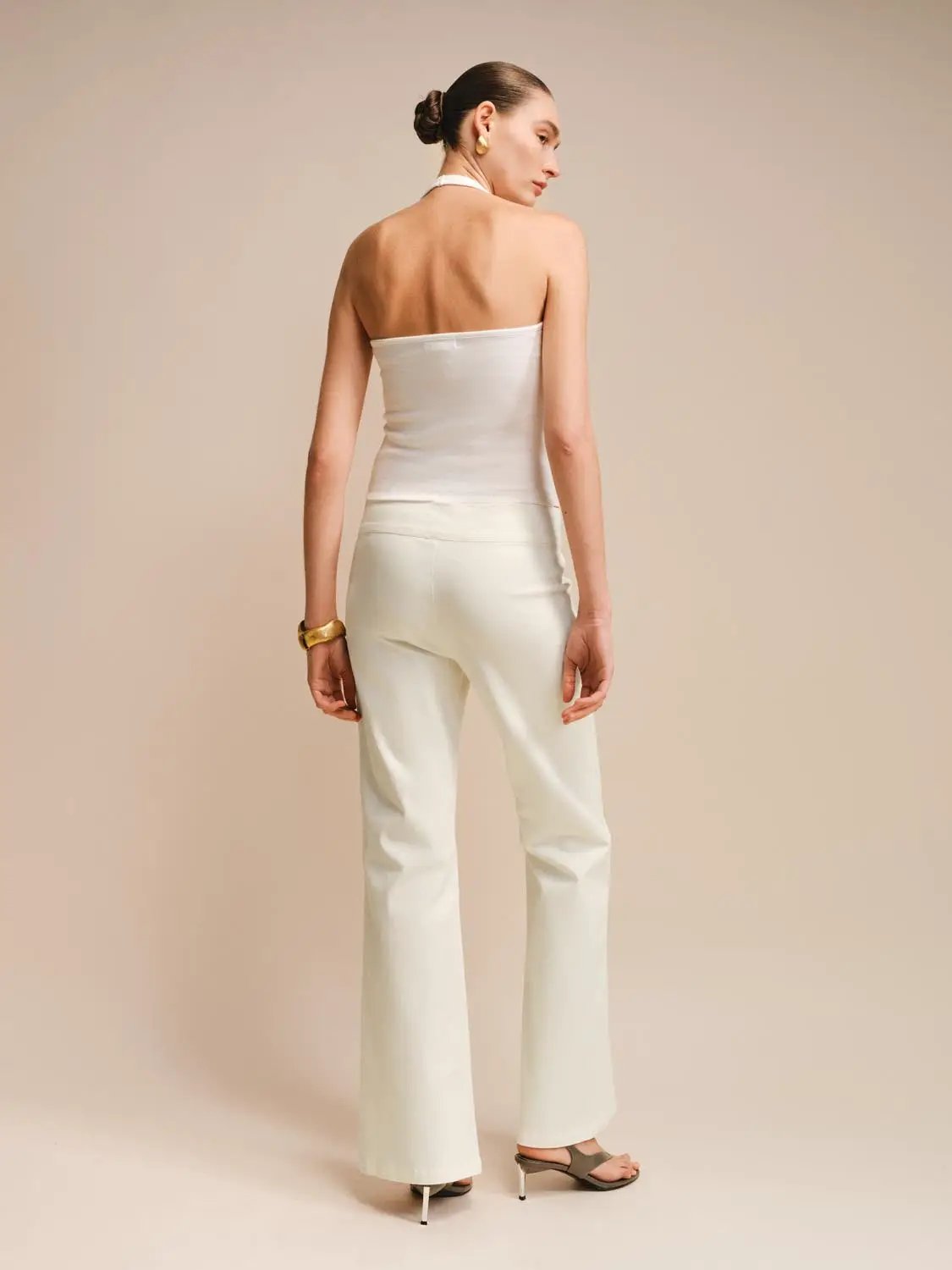 Buckle Waist Seam Detail Cotton Blend Flared Long Pants