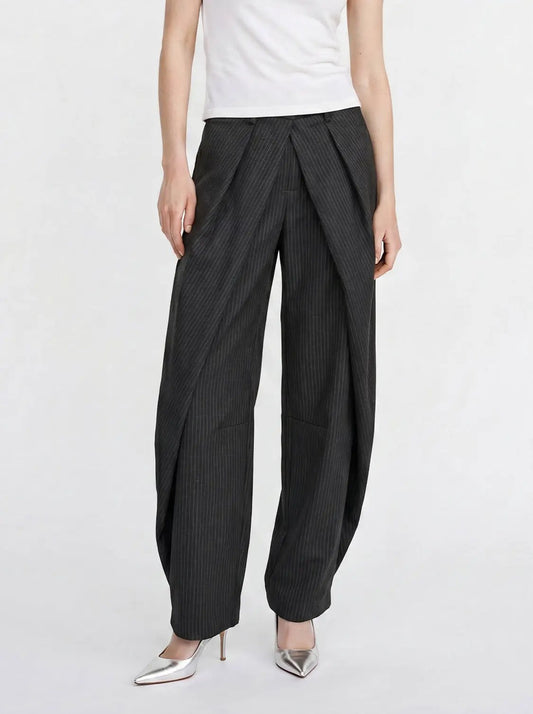 High Waist Wrap Pinstripe Overlay Loose Wide Leg Trousers
