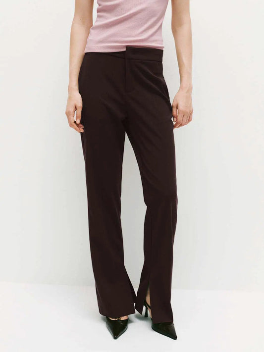 High Waist Front Slit Stretch Straight Pants