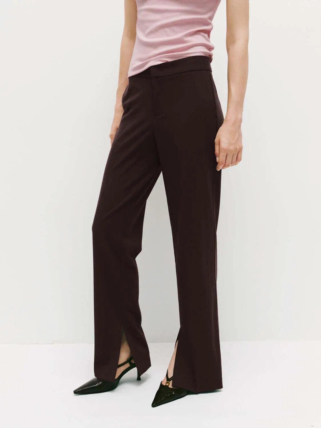 High Waist Front Slit Stretch Straight Pants