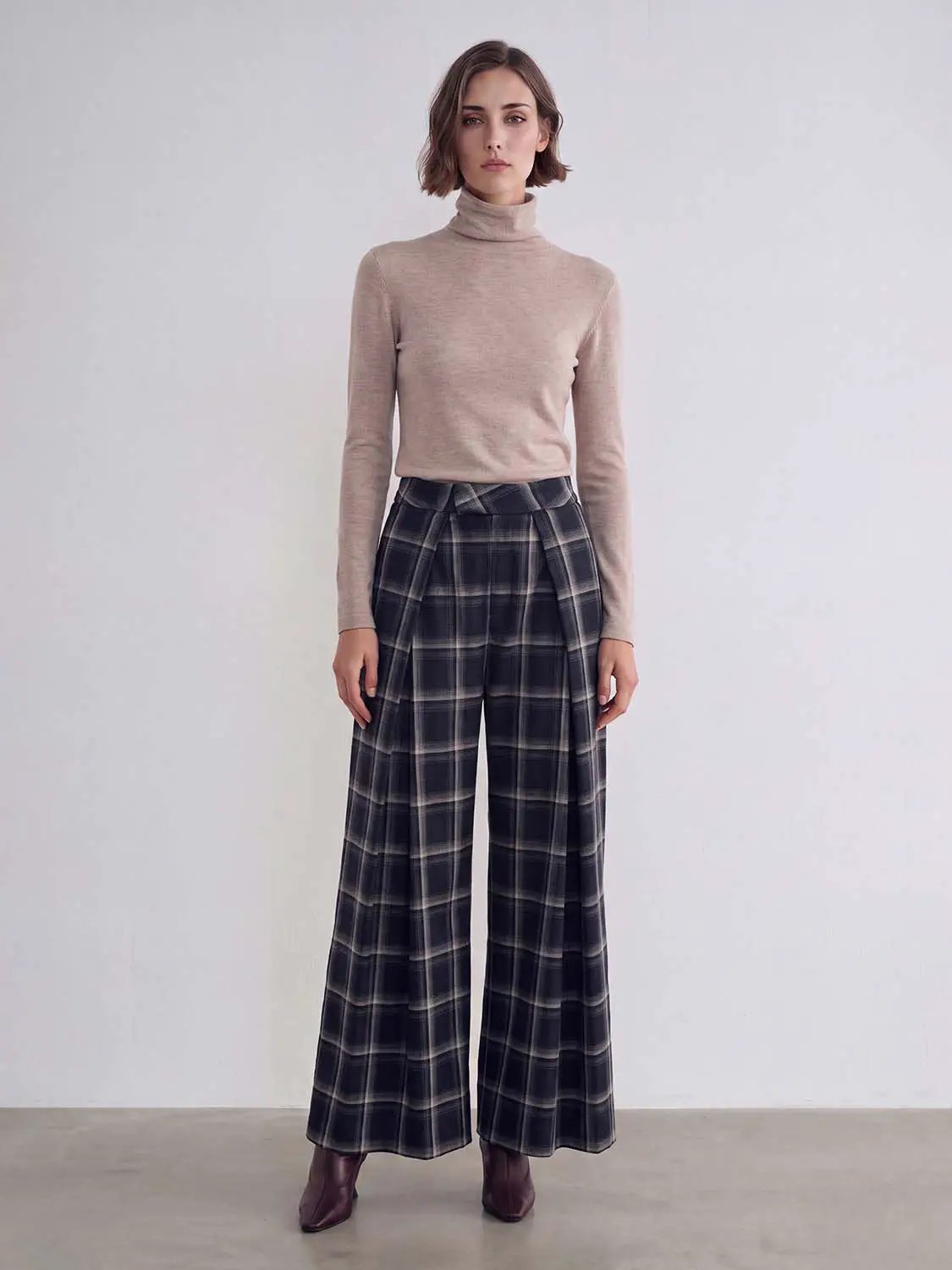 Pleated Checked Mid-rise Wide-leg Pants