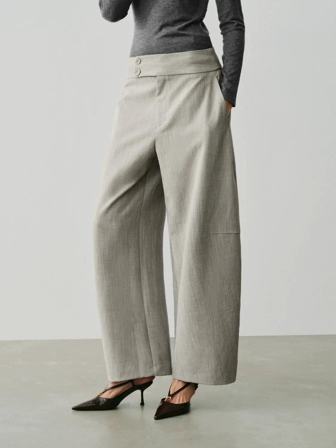 Textured Two-Button High-Waisted Wide-Leg Pants