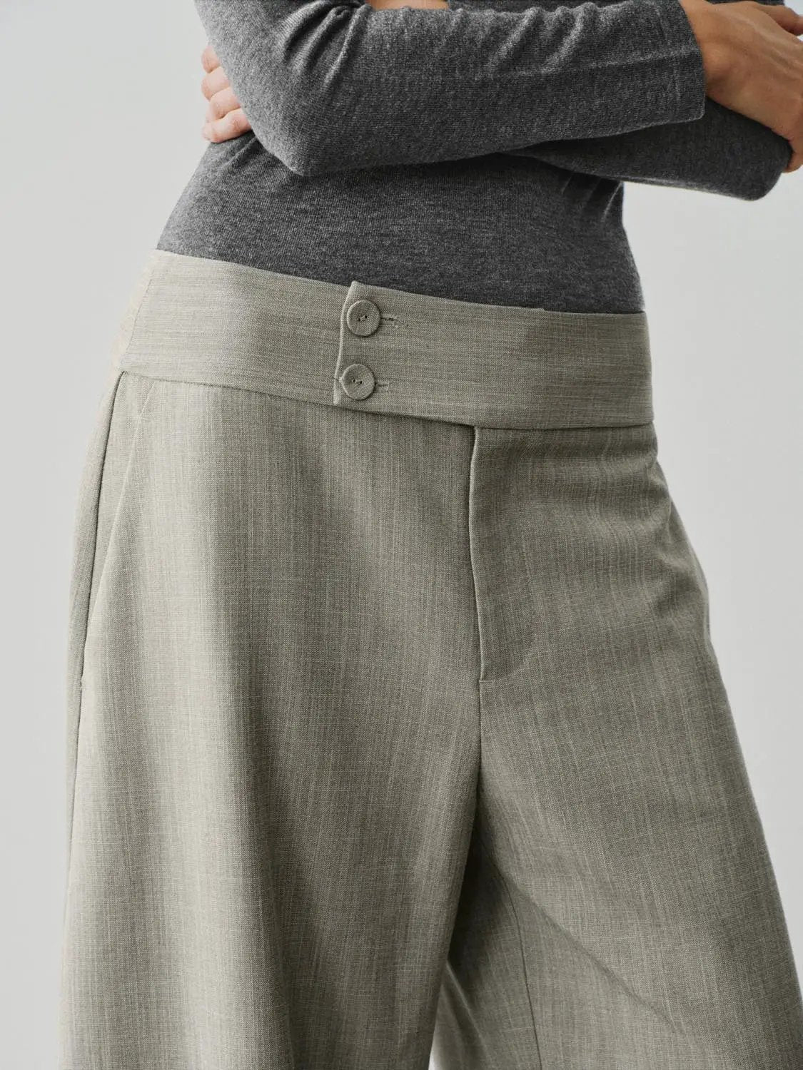 Textured Two-Button High-Waisted Wide-Leg Pants