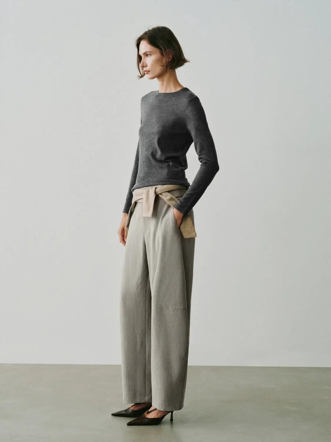 Textured Two-Button High-Waisted Wide-Leg Pants