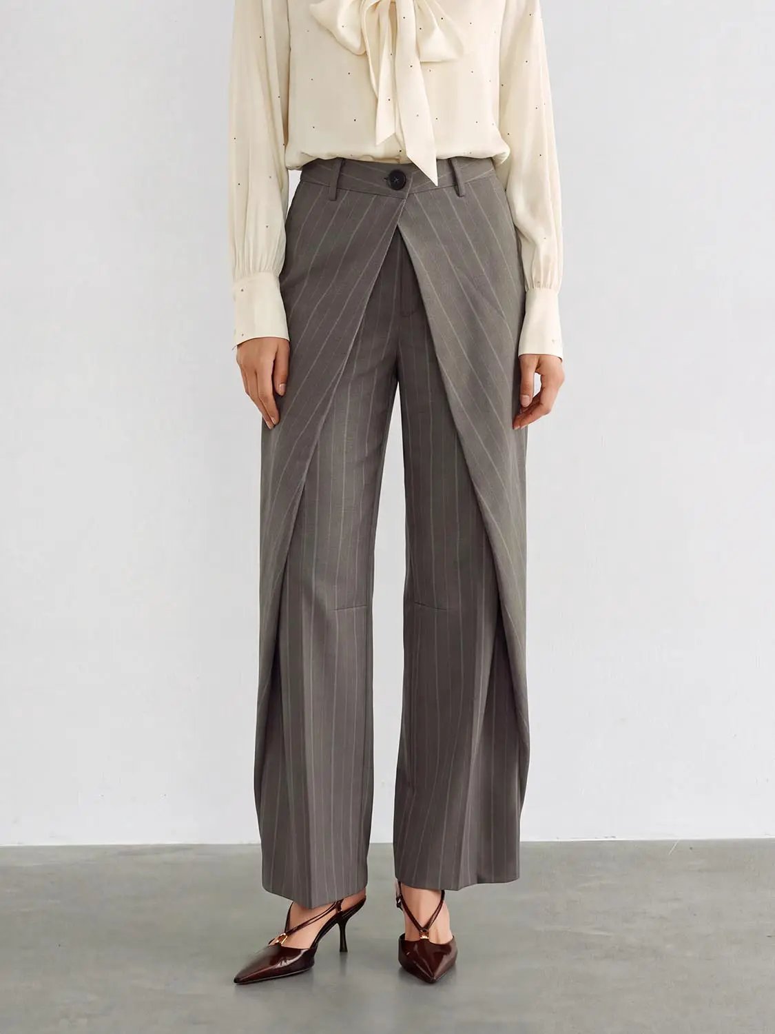 Wrap Front Striped Mid-rise Tapered Pants
