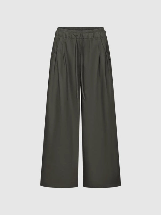 Pleated Drawstring Waist Cotton Wide-leg Pants