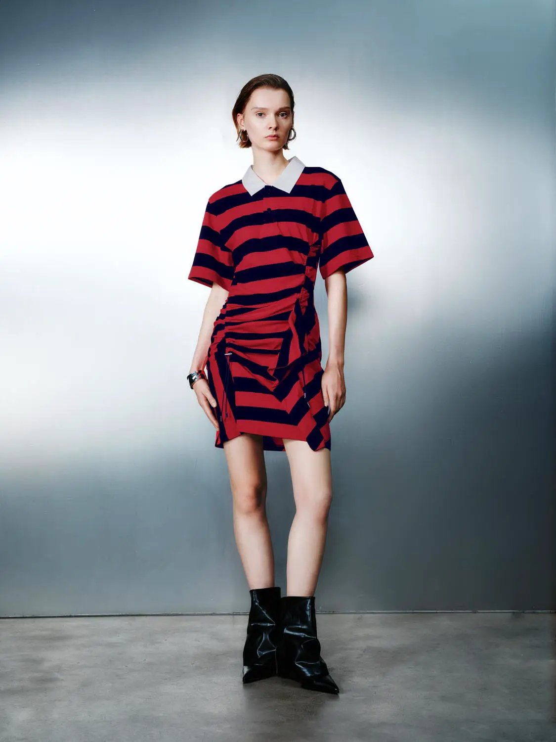 Polo Collar Striped Asymmetric Hem Cotton Midi Dress