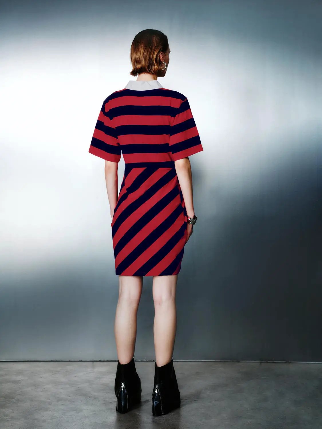Polo Collar Striped Asymmetric Hem Cotton Midi Dress