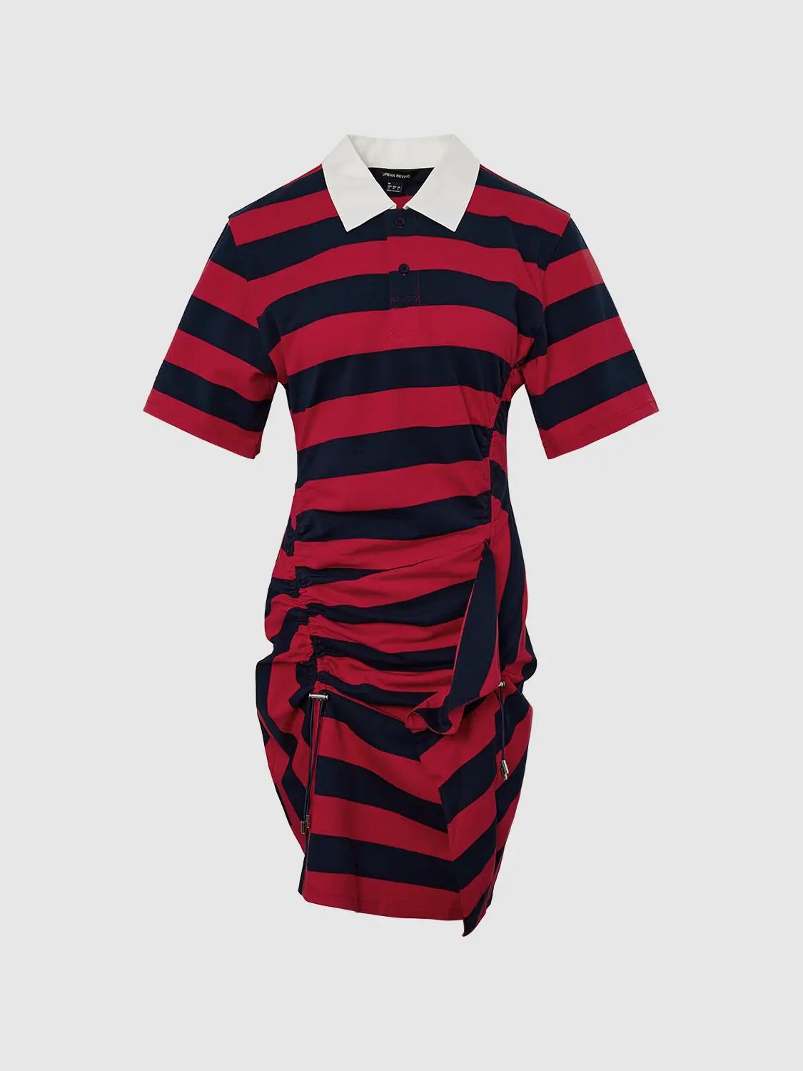Polo Collar Striped Asymmetric Hem Cotton Midi Dress
