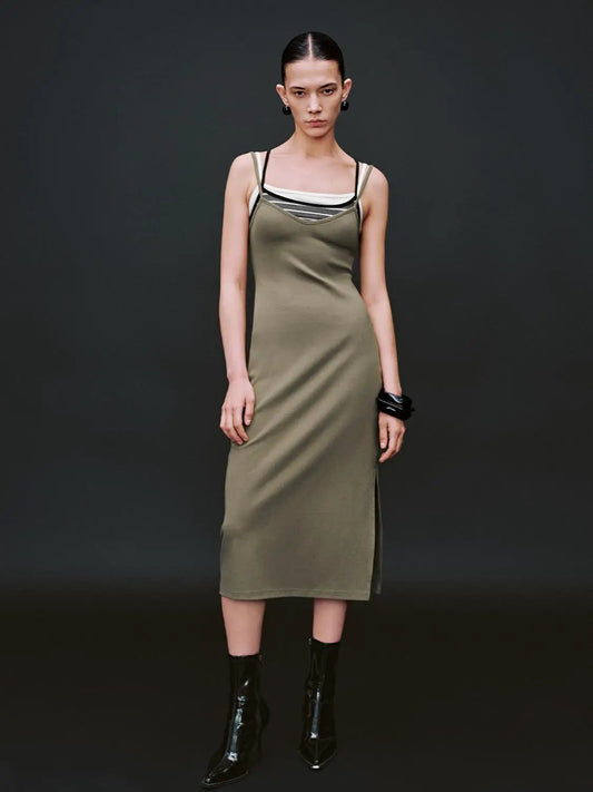 2-In-1 Layered Spaghetti Strap Cotton Midi Dress