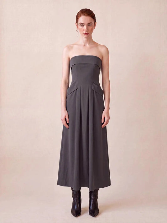 Strapless Bandeau Pleated Stretch A-Line Maxi Dress