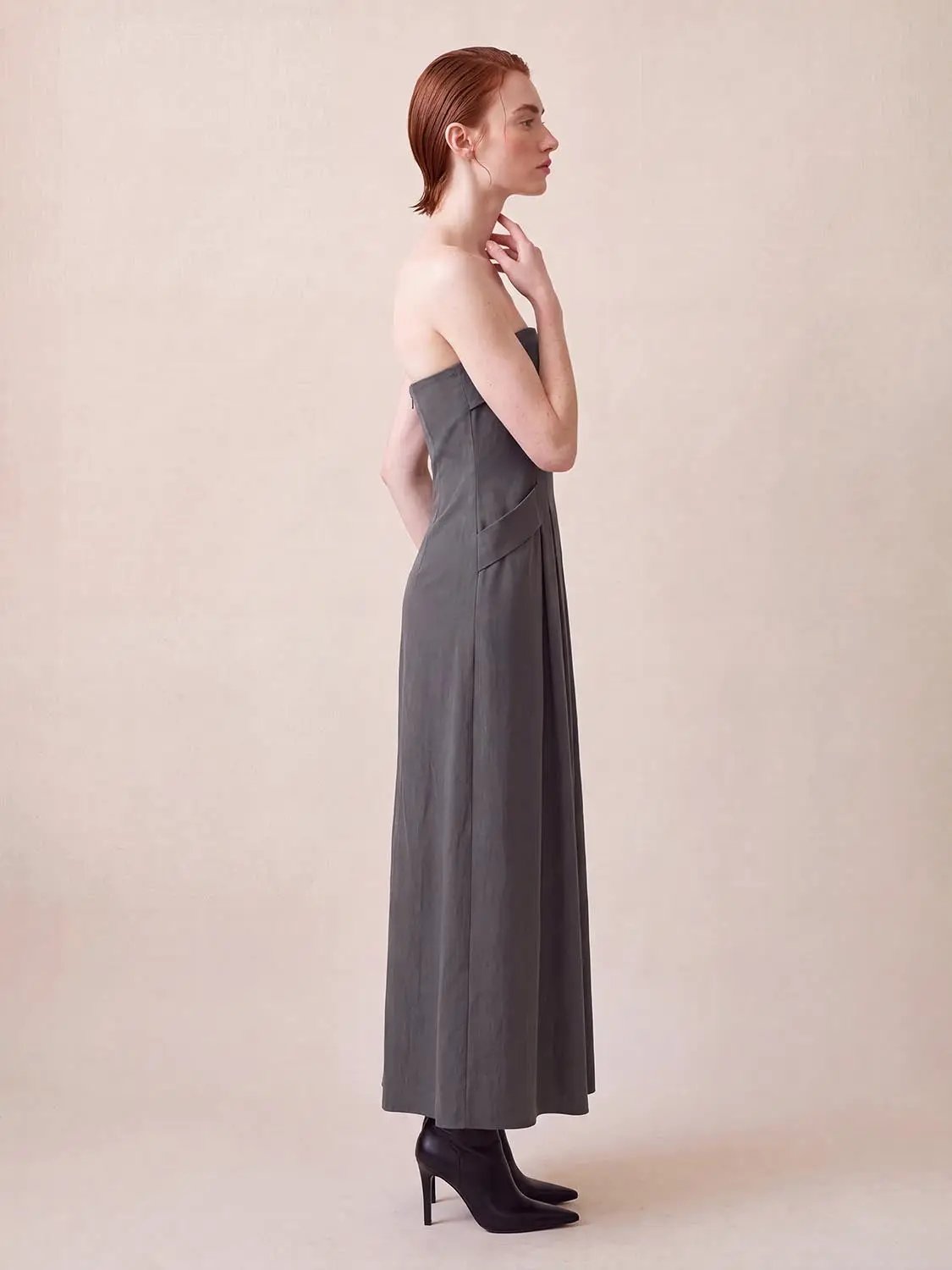 Strapless Bandeau Pleated Stretch A-Line Maxi Dress