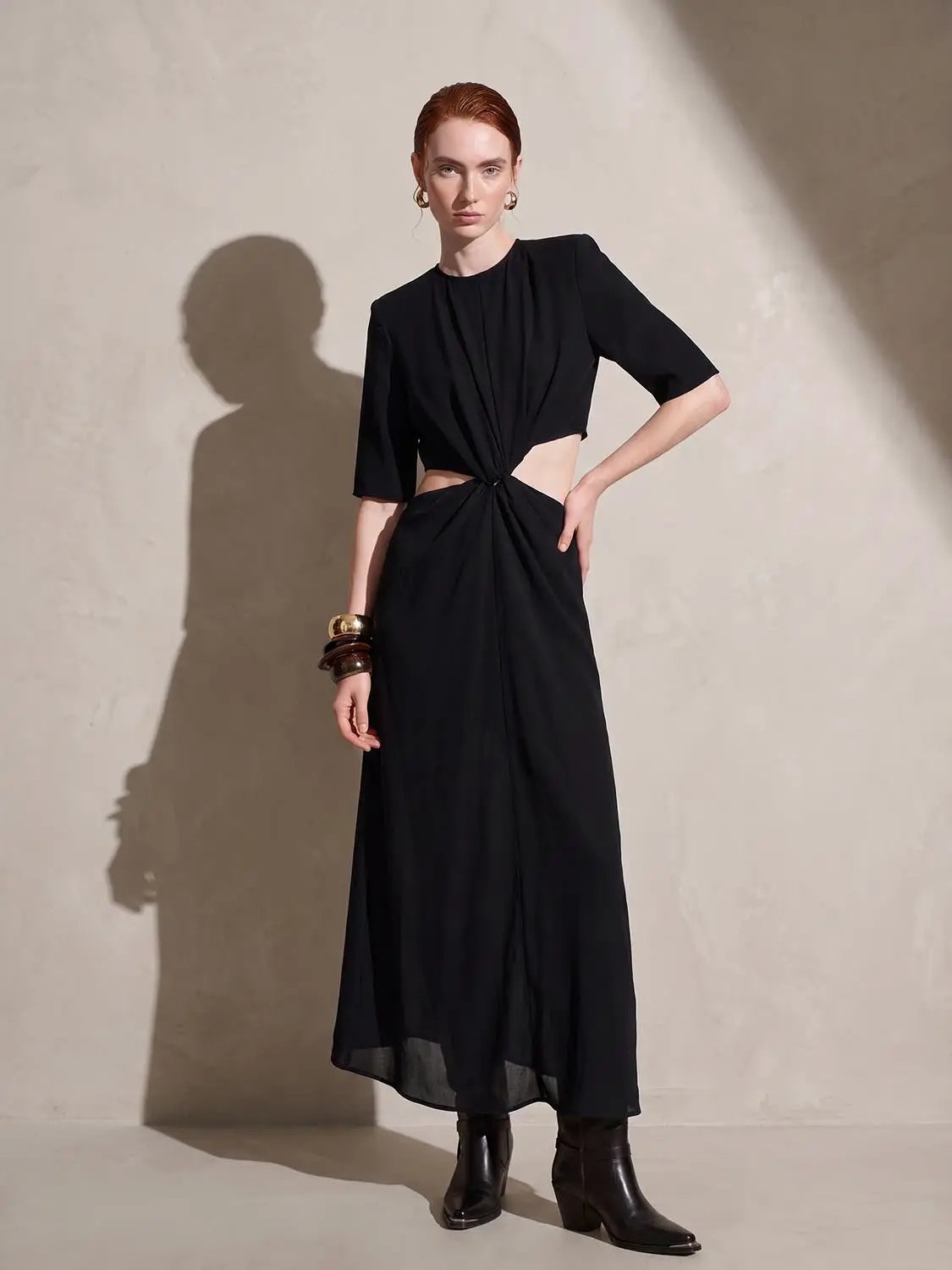 Round Neck Padded Shoulder Cutout Knotted Waist Midi Dress