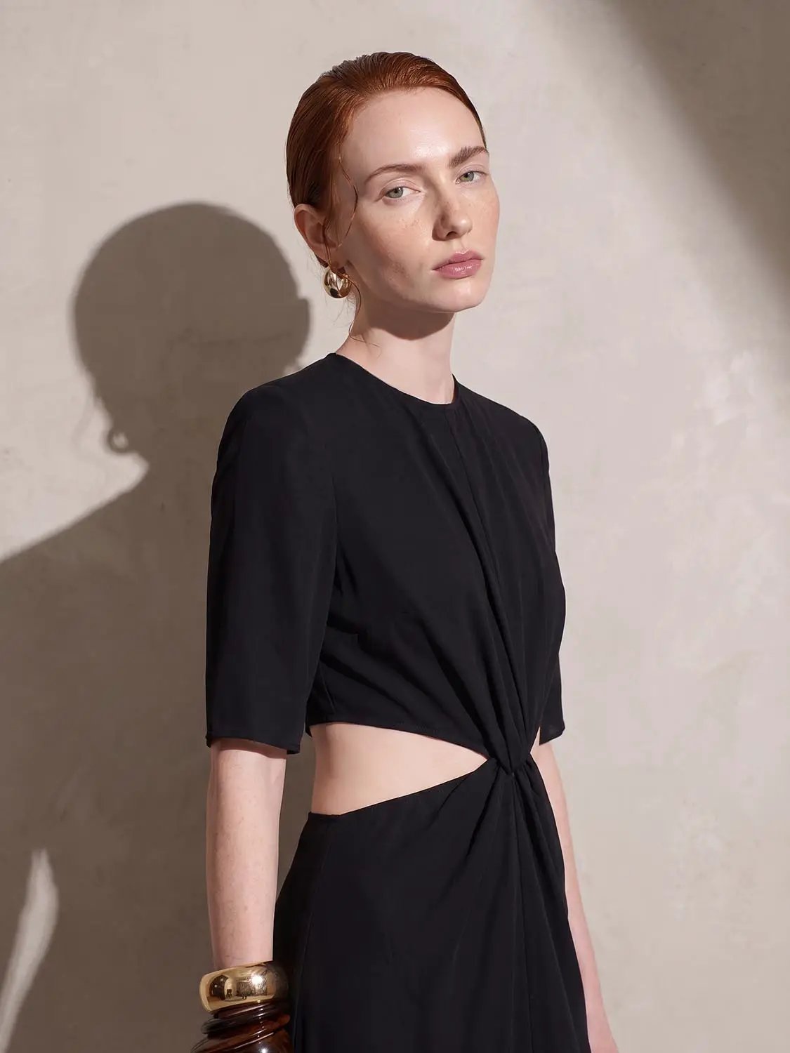 Round Neck Padded Shoulder Cutout Knotted Waist Midi Dress