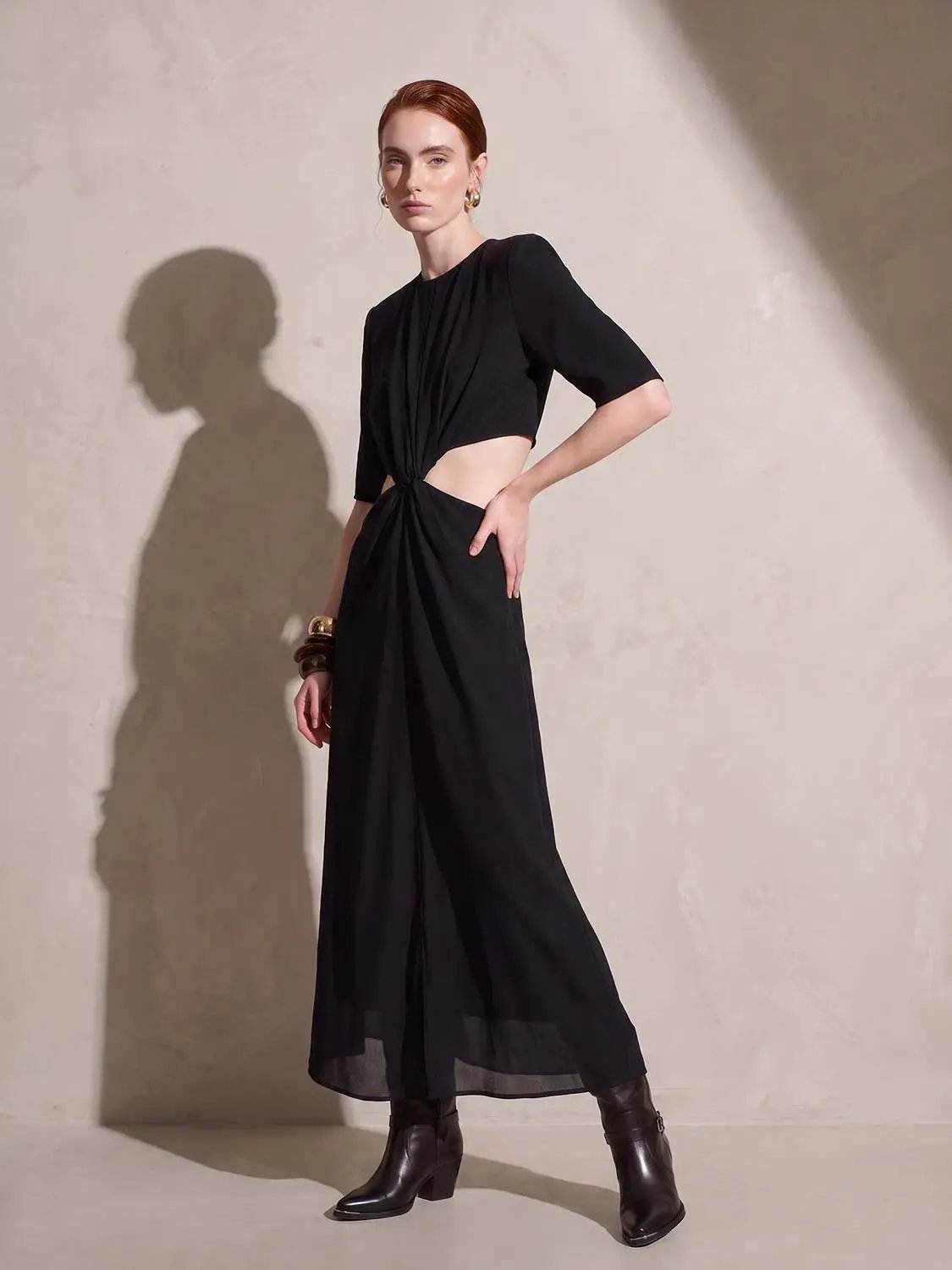 Round Neck Padded Shoulder Cutout Knotted Waist Midi Dress