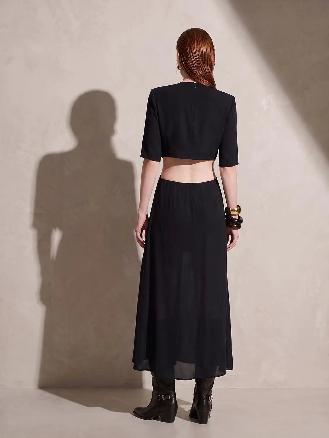 Round Neck Padded Shoulder Cutout Knotted Waist Midi Dress